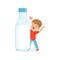 Cute happy little boy standing next to a giant milk bottle, healthy childrens food cartoon character vector Illustration