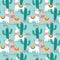 Cute happy llama and cactus seamless pattern