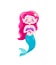 Cute happy mermaids with pink hair and blue tail, hold in hand starfish. Character cool design. Sea ocean theme. Vector