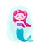 Cute happy mermaids with pink hair and blue tail, wearing crown. Character cool design. Sea ocean theme. Vector