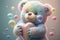 Cute happy pastel teddy bear with soap bubbles, holding a pink heart. Cute plush children's toy. Generative AI.