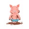 Cute happy pig standing in a dirty pool, funny cartoon animal vector Illustration