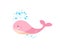Cute happy pink whale. Vector illustration of a pink whale releasing a fountain of water.