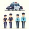 Cute happy police man and woman agents working in uniform Vector officer with car in flat style
