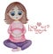 Cute happy pregnant woman in pink sitting and doing yoga with her hands on her stomach in the shape of a heart. White