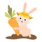 Cute happy rabbit in vegetable garden bed with big carrots. Harvesting, funny farmer. Vector illustration for childrens