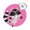 Cute happy raccoon character with word Yay in speech bubble