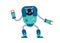 Cute happy robot toy. Funny child bot with smiling face. Kids adorable humanoid cyborg. Retro metal machine with AI