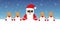 Cute happy santa claus with glasses and his gnomes white banner and snowy background