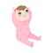 Cute happy smiling baby with kinky hair sitting in pink pajama with raised hands. Vector illustration in flat cartoon