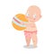 Cute happy smiling baby in pink underpants standing and holding the ball. Vector illustration in flat cartoon style.