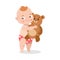 Cute happy smiling baby in red underpants standing and holding a teddy bear. Vector illustration in flat cartoon style.
