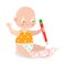 Cute happy smiling baby in white underpants draws with red pencil. Vector illustration in flat cartoon style.