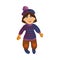 Cute happy smiling brown-haired girl doll in the colorful sweater and hat. Vector illustration in flat cartoon style.