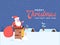 Cute happy smiling cartoon santa sitting on chimney stack or smoke funnel on rural winter landscape background. Christmas holiday