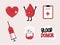 Cute happy smiling healthy blood drop, heart love, bag donor, injection, Clipboard character. Blood donor concept. Icon symbols