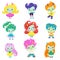 Cute Happy Smiling Horned Trolls Boys and Girls Set, Adorable Fantasy Creatures Characters with Colored Hair Vector