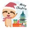 Cute happy smiling sloth flat vector with gift boxes and christmas tree in Santa hat, merry christmas