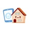 Cute happy smiling smart house and smartphone. Vector flat cartoon character illustration icon design. House build,smart home