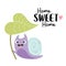 Cute happy snail under large leaf of plant and slogan - Home Sweet Home. Vector illustration. Cool funny card with snail