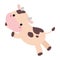 Cute happy spotted baby cow happily jumping. Adorable farm animal character cartoon vector illustration
