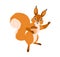 Cute happy squirrel smiling with teeth, holding acorn nut and waving with paw, gesturing hi. Adorable funny small forest