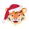 Cute happy tiger character, simbol of New Year in a red Christmas cap. Wild animals of africa falls in love, face with