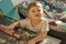 Cute happy todler boy baking cookies in the kitchen flour rolling pin dough