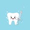 Cute happy tooth with dental syringe tool icon isolated on blue background.