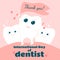 A cute and happy tooth in the mouth on a pink and healthy gum is holding a flag with the words Thank you.