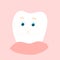 Cute and happy tooth stands on pink and healthy gum in cartoon flat childish style.