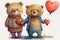 cute Happy Valentine brown teddy bears adorable cartoon watercolour