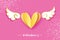 Cute Happy Valentine`s Day Greetings card. White Origami angel wings and gold metal heart. Love. Winged heart in paper