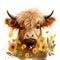 Cute and Happy Watercolor Baby Highland Cow with Autumn Flower Wreath AI Generated