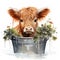 Cute and Happy Watercolor Baby Highland Cow with Minimalist Flower Wreath AI Generated