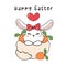 Cute happy White bunny with red bow in broken egg shield and carrots, cute cartoon drawing outline