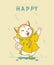 Cute happy white cat in yellow rain coat jumping in the rain, idea for greeting card, children stuff print, kid nursery