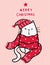 Cute happy white kitten cat in red knitted scarf and beanie hat, Merry Christmas word and snow falling on rose pink background,