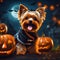 Cute happy Yorkshire terrier dog in funky Halloween costume generated by Ai