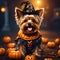 cute happy Yorkshire terrier dog in Halloween costume generated by Ai