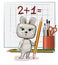 Cute Hare baby is trying to count. Studying numbers and counting. Funny animal kid. Stationery and pencil. Writes in