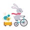 Cute Hare Biking or Cycling Riding Bicycle Pulling Trolley with Flowers Vector Illustration