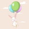 Cute hare flying with balloons
