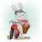 Cute hare on motobike with floral gift