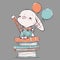 A cute hare with a pencil and balloons sitting on a stack of books. Adorable animal in clothes ready for school. Layered.