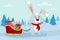 Cute hare in a santa hat carrying christmas gifts on a sleigh