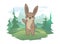 A cute hare standing on a forest lawn, a mountain landscape in the background. Vector illustration, isolated on white.