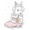 Cute hare in winter boots and headphones. New Years