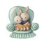 Cute hares mother and son reading book in arm chair, watercolor children`s illustration