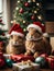 Cute hares or rabbits wearing Santa Claus red hat under the Christmas tree